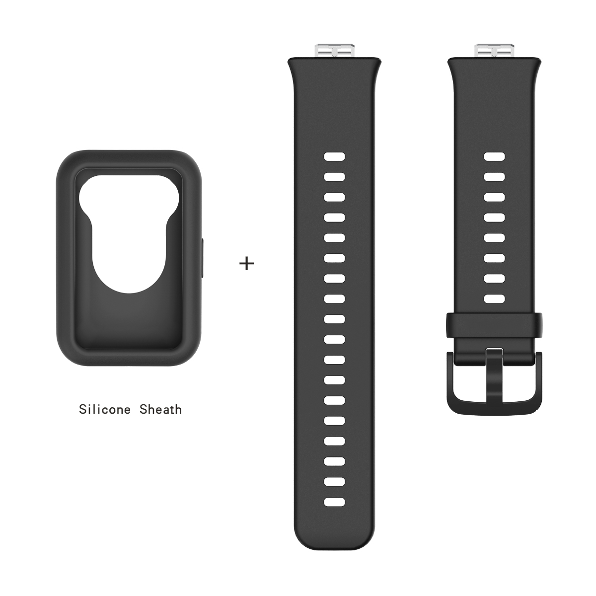 2 in1 Silicone Replacement Watchband Replacement Single Color Protector Sleeve Shell Soft Fitness Wristband For Huawei Watch Fit: black