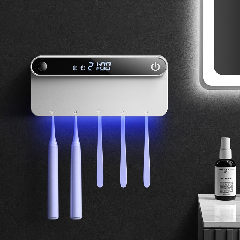PEISI UV Toothbrush Holder Sterilizer Toothpaste Squeezer Dispenser LED Displayed Timming Disinfection Bathroom Accessories Set: A White