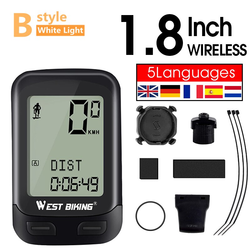 WEST BIKING LED Bicycle Computer Wireless 5 Language Cycling Bike Odometer Stopwatch Speedometer 2.1in Waterproof Bike Computer: B style Wireless