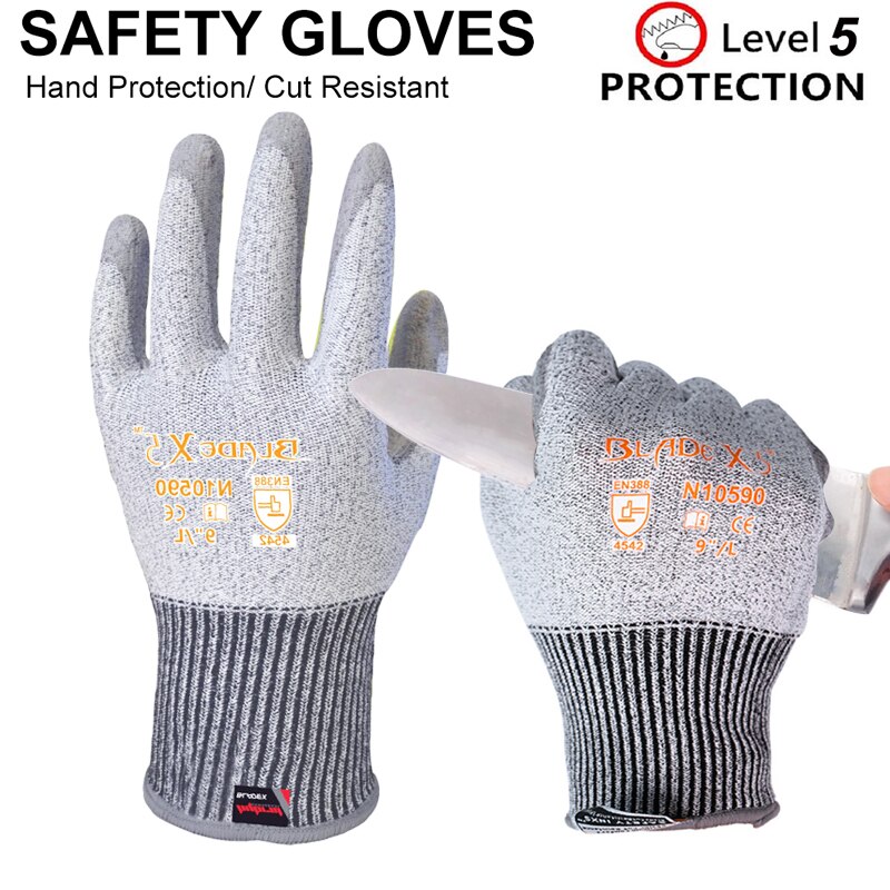 Guantes de trabajo resistentes a Cortes, Nivel 5, recubiertos de PU, calibre 13 para uso general. Potencia de agarre Superior en ambiente aceitoso y húmedo
