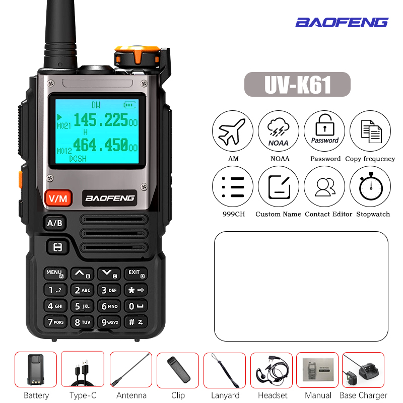 Baofeng-UV-K61 Walkie Talkie, Multi Band, Frequência de cópia sem fio, 999CH, carregador tipo C, UHF, VHF, NOAA, UV-5R, UV K6, K: Camuflagem / American