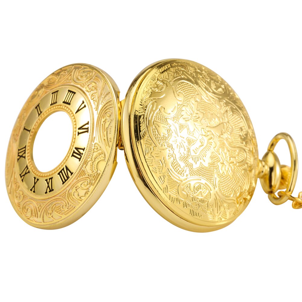Exquisite Gold Pocket Watch Classic Roman Numeral White Dial Portable Thin Chain Quartz Pendant Clock Birthday