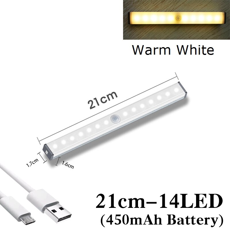Smart Motion Sensor LED Light 15/21/30cm DC5V USB Charging Tubes Human body Induction for Bed Kitchen Wardrobe Night Lamps: 21cm Warm White