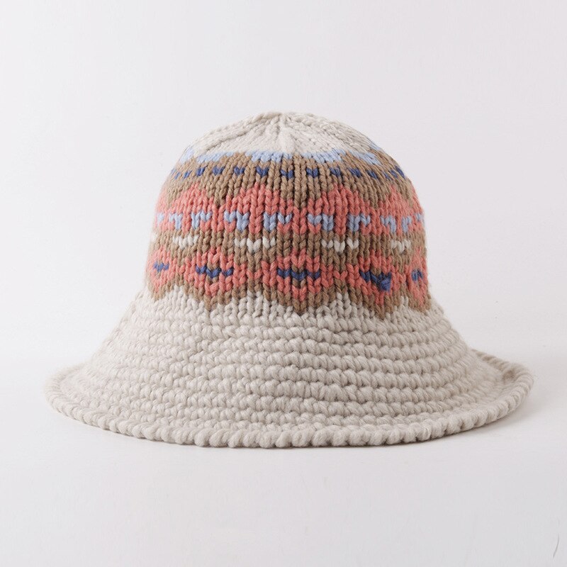 Autumn Winter Knitted Bucket Hats Female Bucket Hat for Women Girl Thickened Soft Warm Fishing Cap Outdoor Lady: Beige