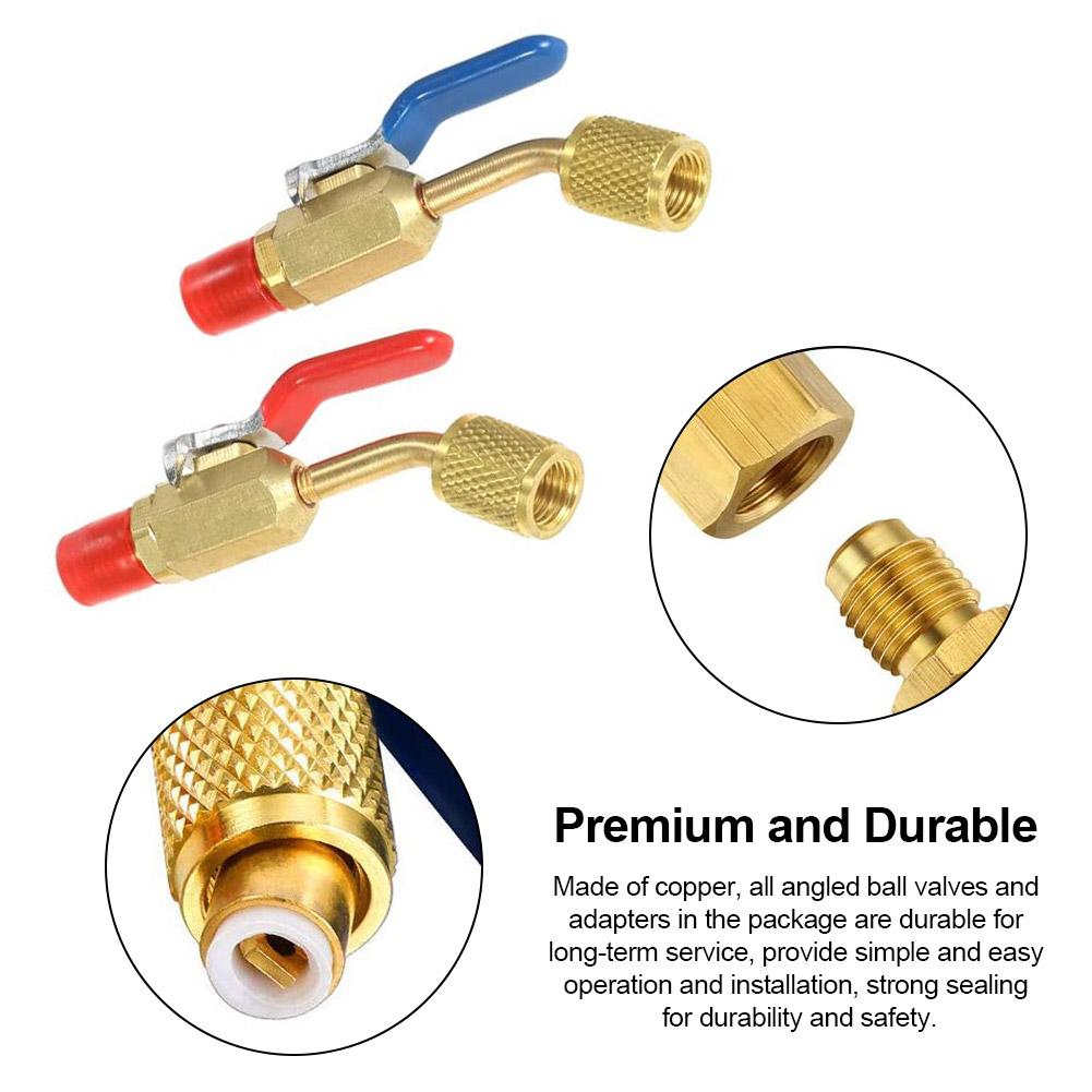Produktbild von 2x Kältemittel Kugelhahn 1/4 SAE – Für R22 & R410A, Ladeschlauch Adapter, Messing + ABS