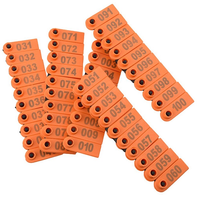 Beau -100 plastik-øremærker til kvæg 1-100 dyremærker og 1 øremærke-mærkesæt til husdyrbrug markering orange + rød