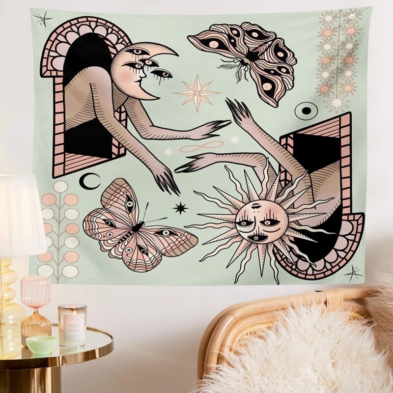 Sun Moon Stars Tapestry Teal Moth Hippies Celestial Wall Hanging Indian Trippy Bohemian Tapestries Wall Tapestry Room Decor