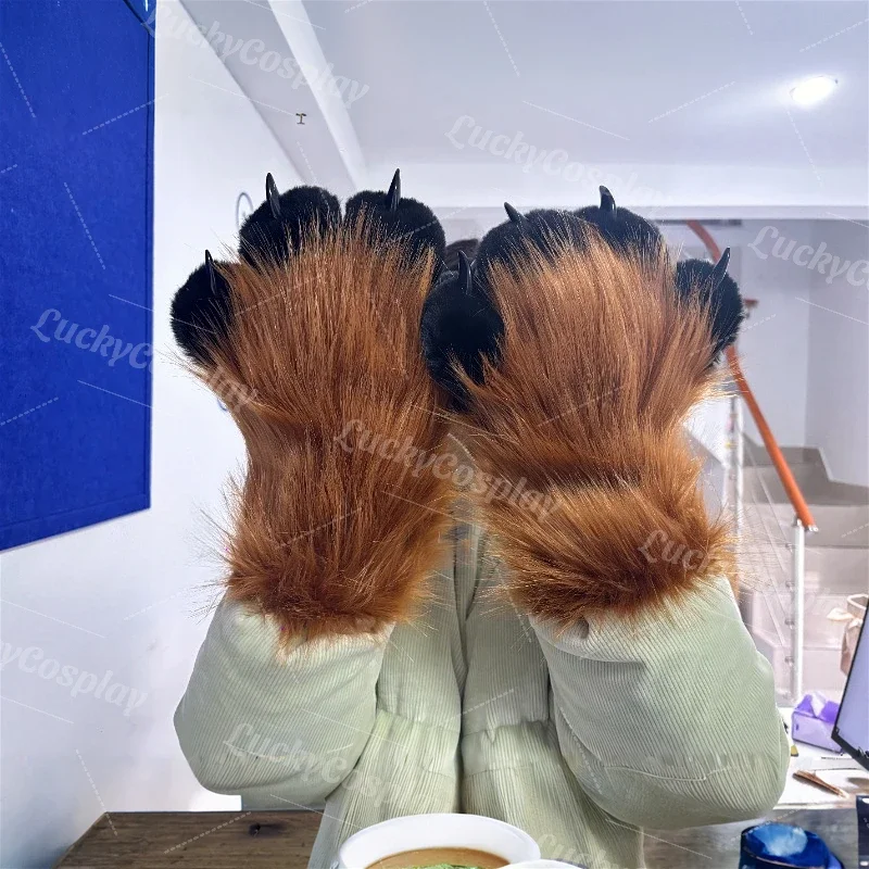Furry Paws Gloves Fursuit Cosplay Kigurumi Cat Squawk Cartoon Plush Animal Nail Claws Full Finger Mittens Story Tell Original