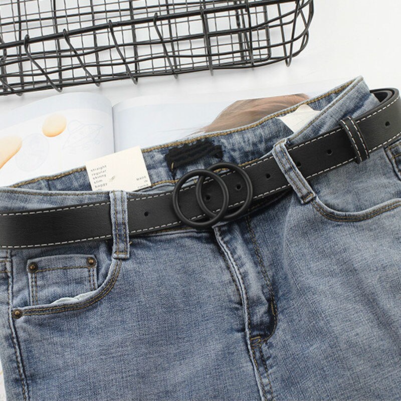 Women Gold Black Silver Big Double Ring Circle Buckle Belt Waistband Female Ladies Wide Leather Straps Belts for Jeans