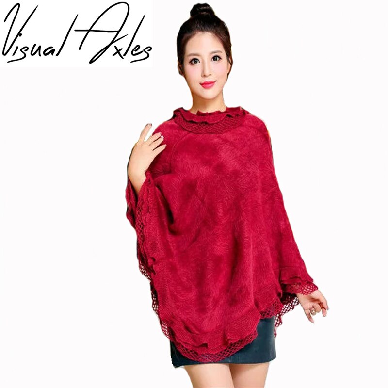 [visuelle aksler] ensfarvet pels cape poncho vinter kvinder frynser hæklet fleece poncho frakker sweater
