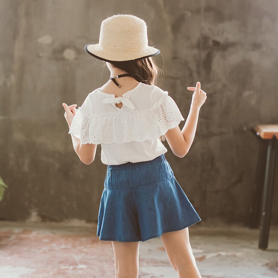 Kids Clothes Girls Lace Tshirt + Skirt Teenage Girls Clothing Summer Girls Clothes Casual Style Kid Clothes 6 8 10 12 14