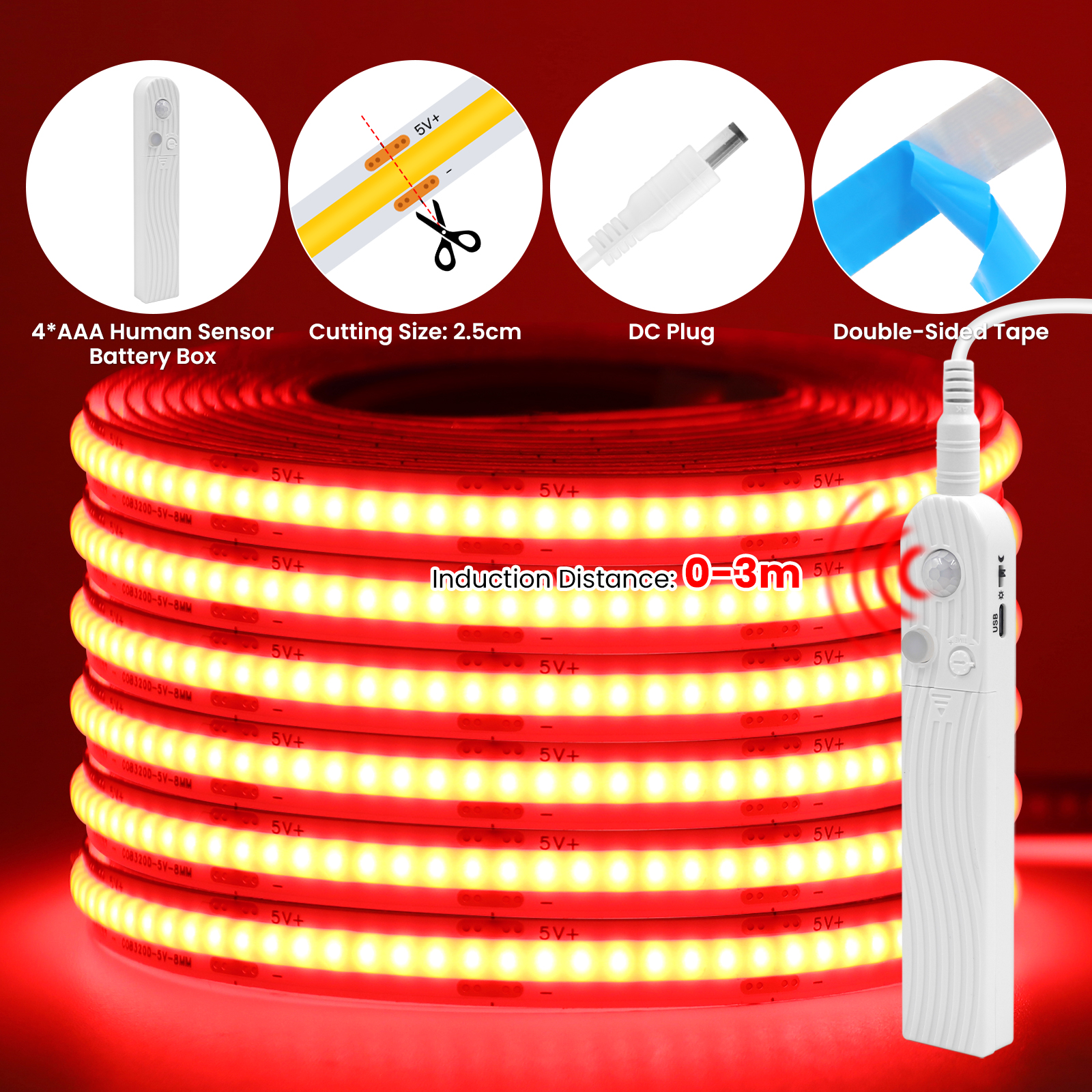 Tira de luces LED COB con Sensor humano, batería 4AAA, cinta LED Flexible regulable de 5V con cinta adhesiva para retroiluminación de armario y dormitorio: Rojo / 1 m
