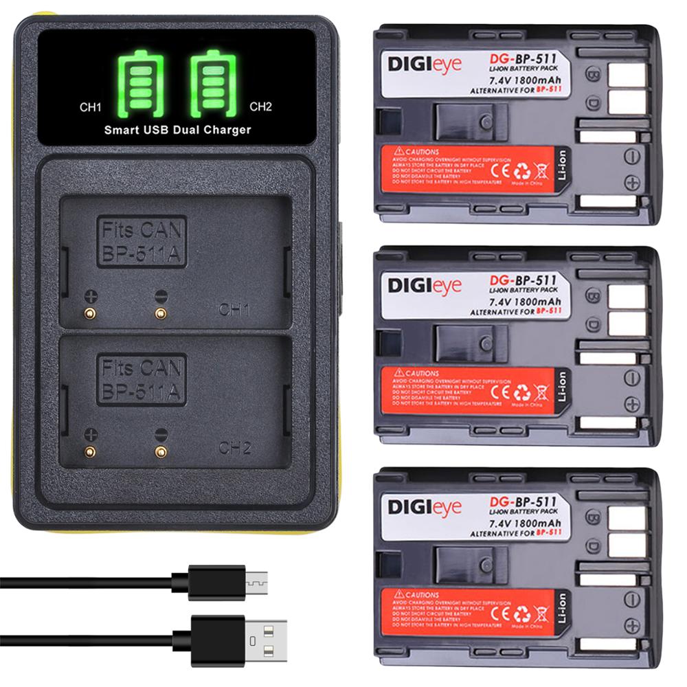 BP-511 BP-511A Battery + LED Dual Charger Type C for Canon EOS 5D 10D 20D 30D 40D 50D D30 D60 G1 G2 G3 G5 G6 Pro 1 Pro 90