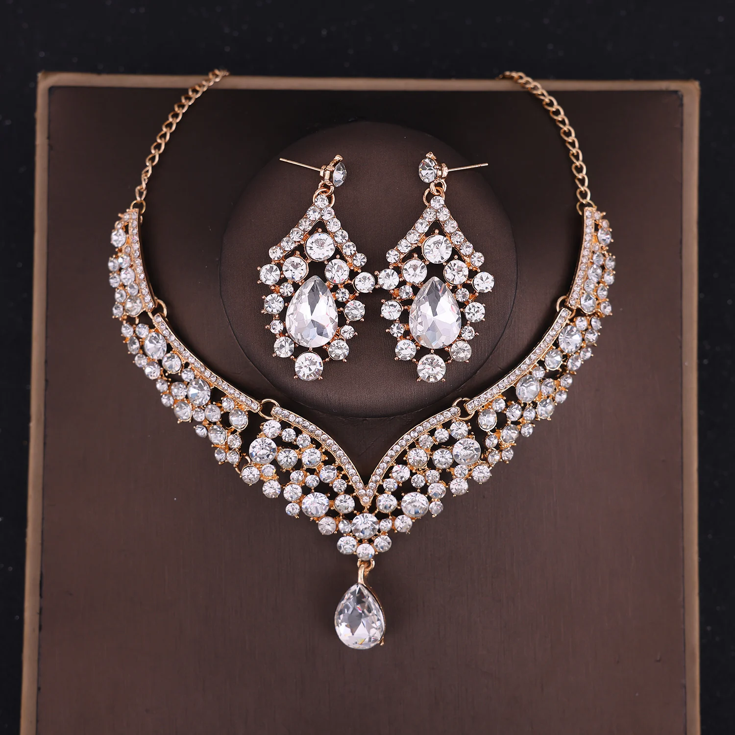 Ensemble de bijoux en biscuits pour patients, couronne en cristal, collier, boucles d'oreilles baroques, accessoires pour cheveux de mariage, de bijoux, 3 pièces: Marron