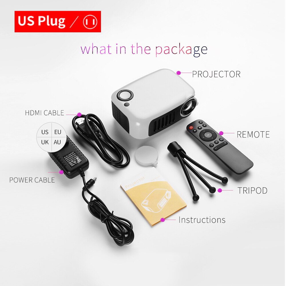 Mini projetor portátil para celular, projetor com suporte para lcd de 320 p, 240 horas de iluminação, home theater, tomada eu/us, 1080x50000 p: White US Plug