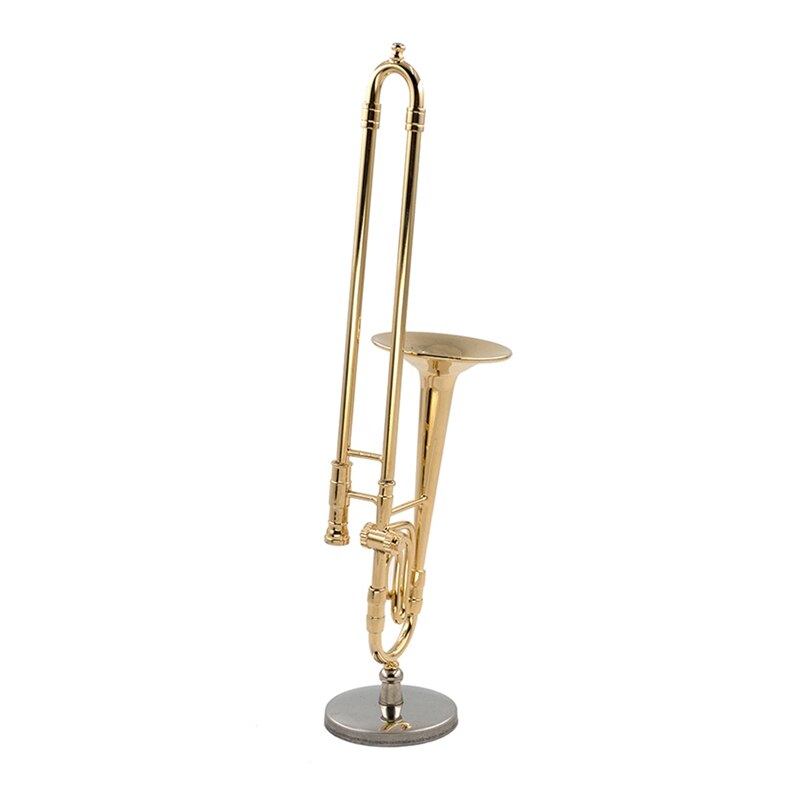 12Cm Miniature Pure Copper Trombone Model With Support Mini Musical Instrument Model With Black Leather Box