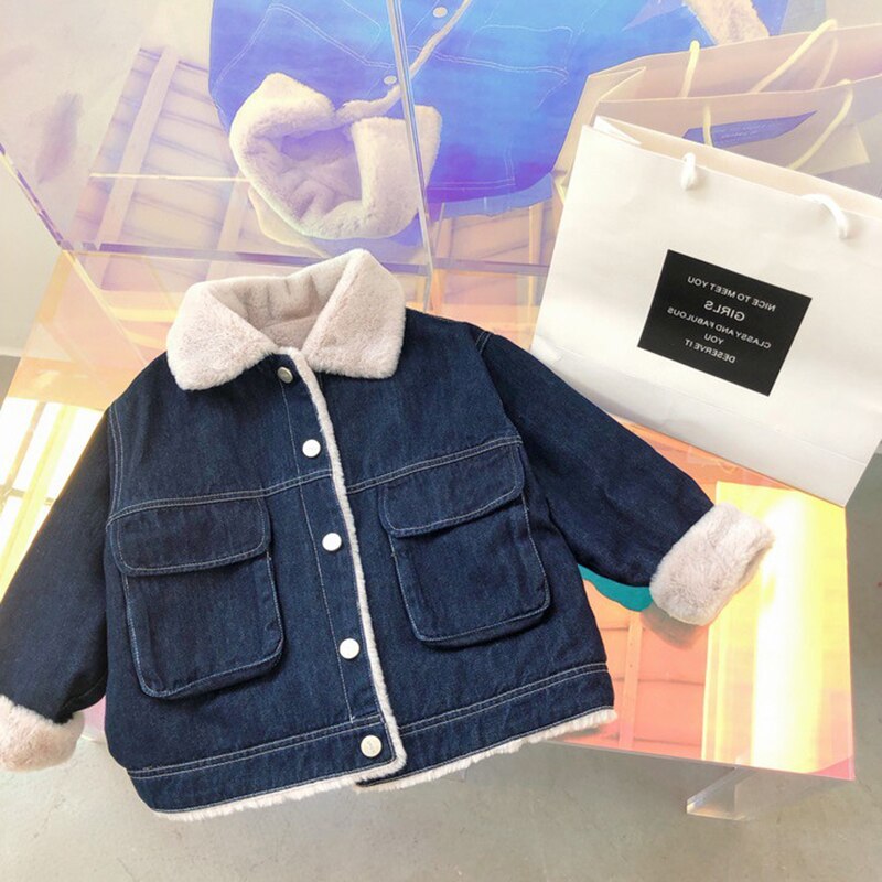 Meisjes Jongens Harige Denim Jassen Herfst Winter Kids Dubbele Grote Zakken Vest Jeans Jassen 3-7 Jaar Kinderen Bovenkleding kleding: 4T