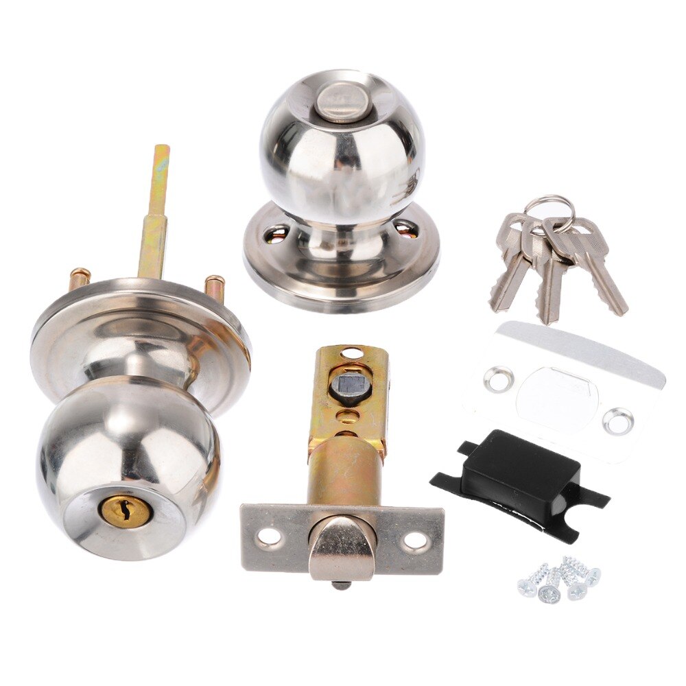Stainless Steel Round Ball Door Knob Set Knob Handle Handle Lock With Key for 25mm-45mm Door Hardware Sliver for Bathroom