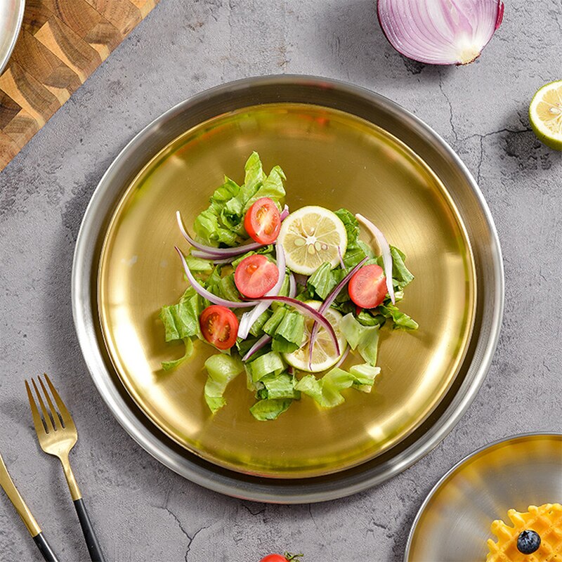 Styl europejski płytkie talerze złota płyta jadalna serwująca naczynia okrągły talerz ciasto taca zachodnia stek okrągła taca talerze kuchenne