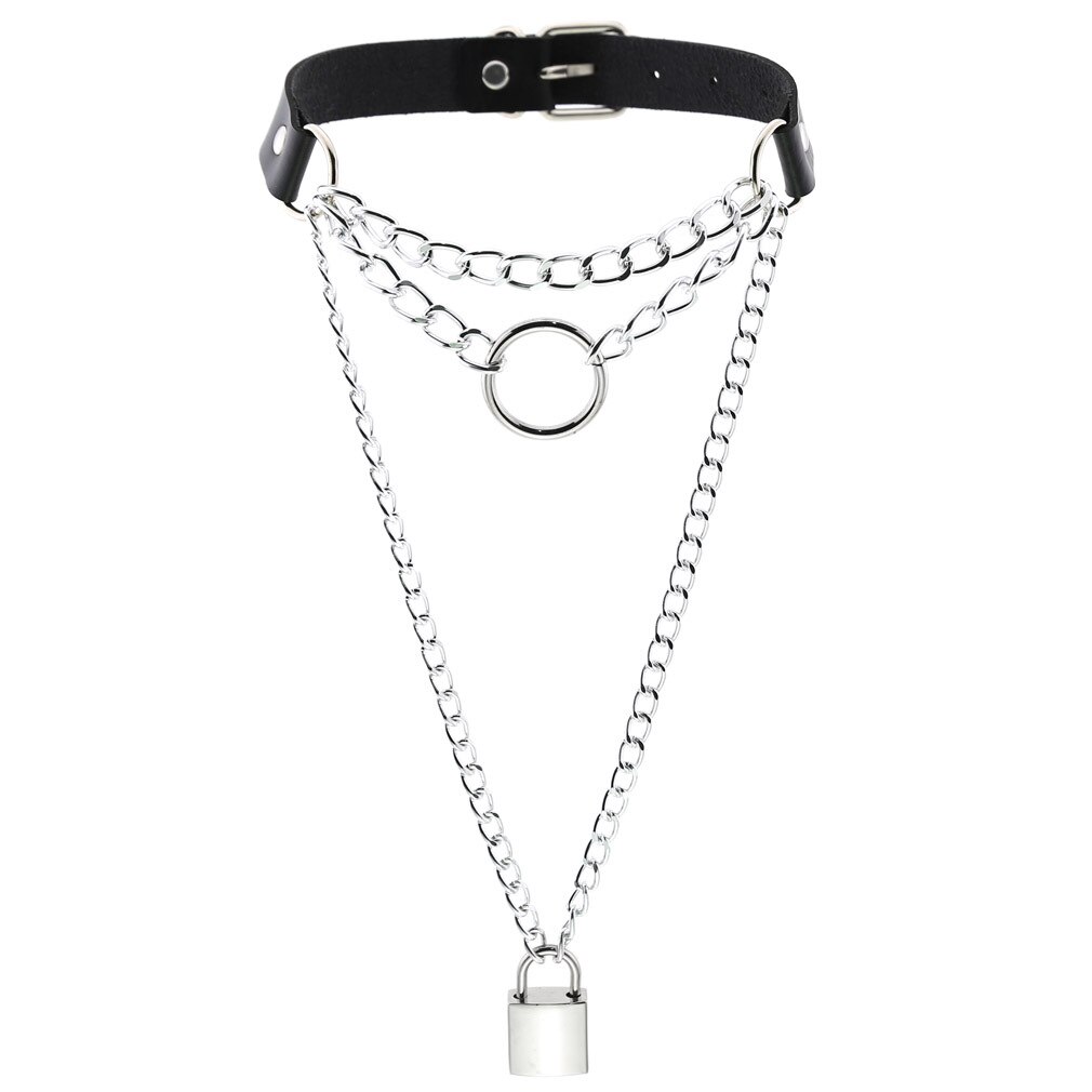 Gothic Lock Chain Necklace Multilayer Punk Choker Collar Goth Pendant Necklace Women Black Leather Emo Kawaii Witch Rave Jewelry