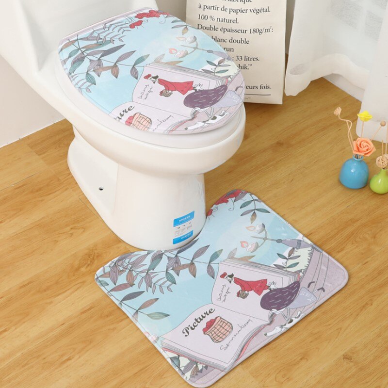 2 unids/set estilo de dibujos animados inodoro cubierta en forma de U-Mat de asiento de inodoro lavadora alfombra