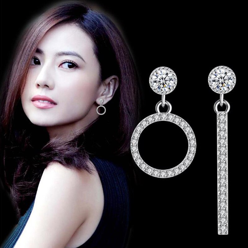 Mode Elegante Vrouwen Oorbel 925 Sterling Zilveren Asymmetrische Cirkel Bar Crystal Dangle Oorbellen Voor Vrouwen Meisjes LY204