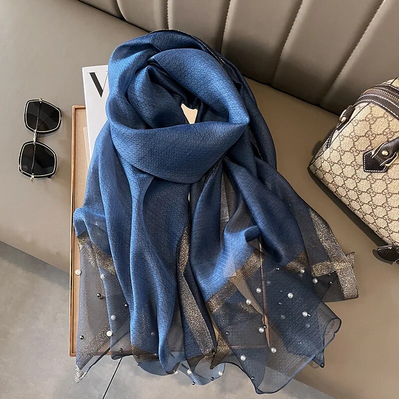 2024 marca de luxo moda feminina cachecol liso seda linho xales verão senhora bandanas foulard hijab: Azul