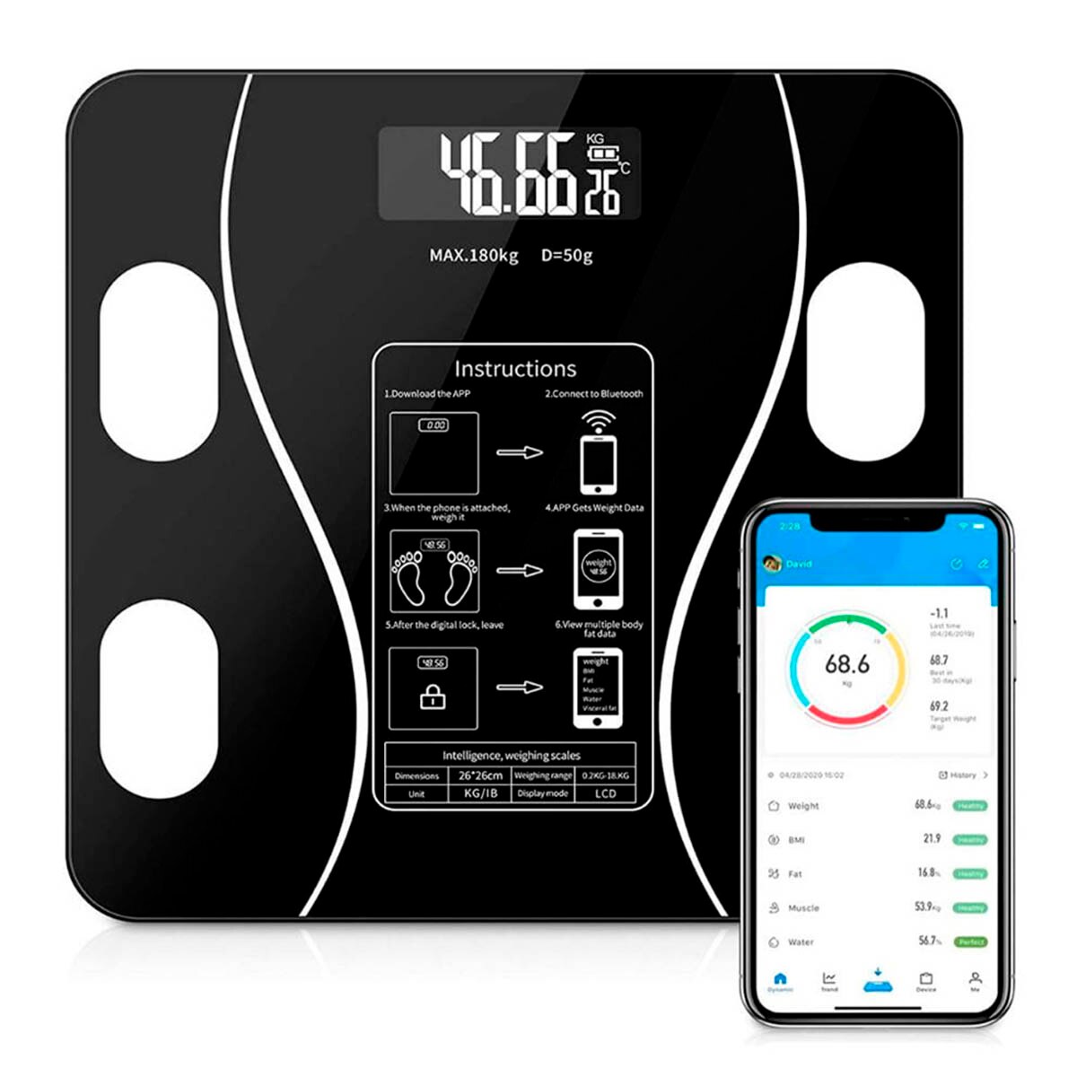 Báscula Digital Bluetooth Inteligente con 12 mediciones, moderna, , precisa, resistente, vidrio templador, pantalla LCD, compatible con móvil o Tablet, app IOS y Android, bascula de baño, basculas, bascula