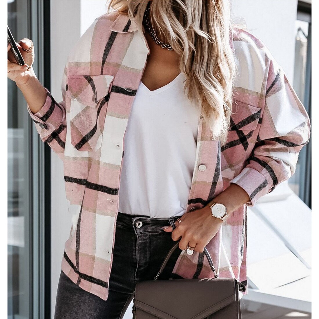 Winter Khaki Plaid Jacket Coat Women Streetwear Long Leeve Thick Wool Coat Pocket Oversized Lapel Autumn Shirts Coats