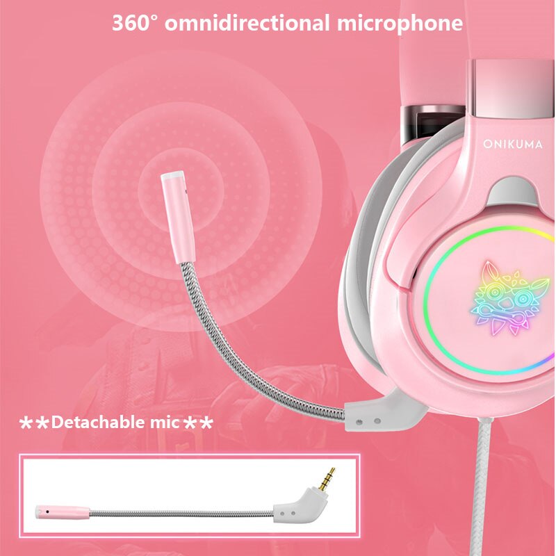 product K15 cute pink head-mounted wired gaming headset with microphone RGB lighting foldable PC stereo headset