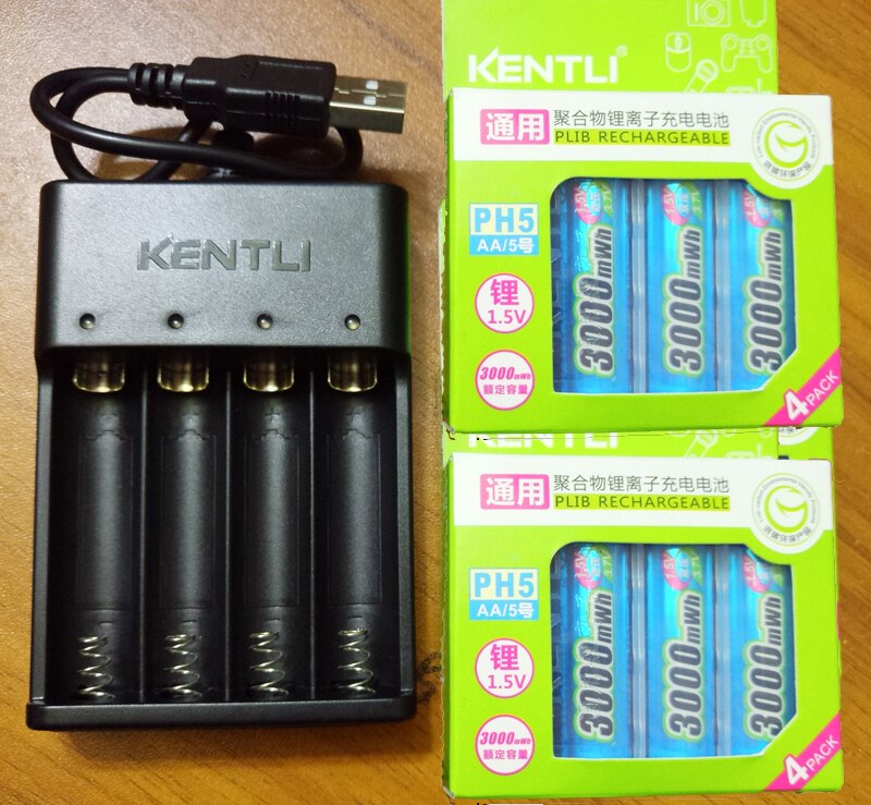 KENTLI 1.5v 3000mWh AA rechargeable Li-polymer li-ion polymer lithium battery and USB smart Charger: 8pcs with charger
