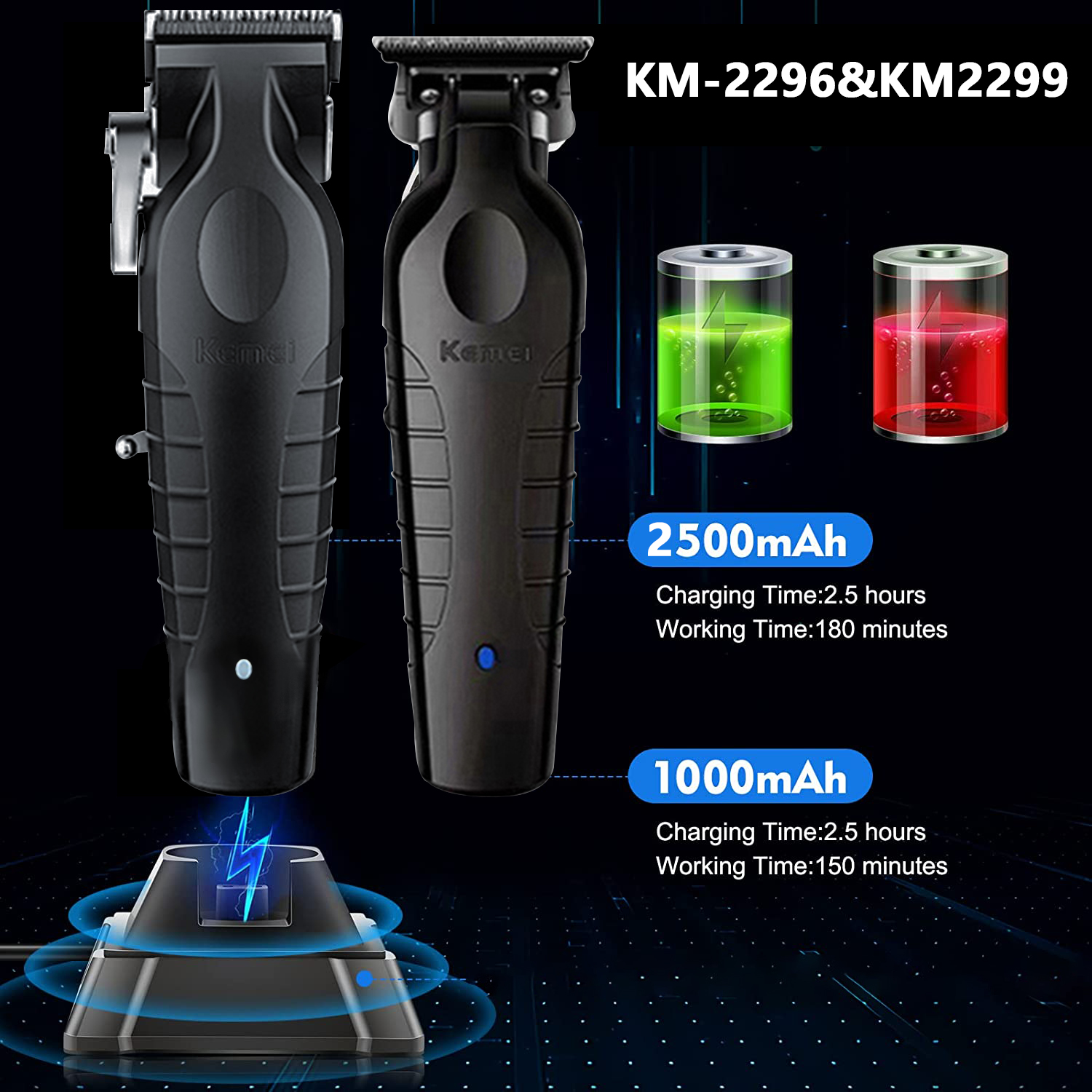 Kemei 2296 Barber Akku-Haarschneider 0 mm Zero Gapped Carving Clipper Detailer Professionelle elektrische Finish-Schneidemaschine