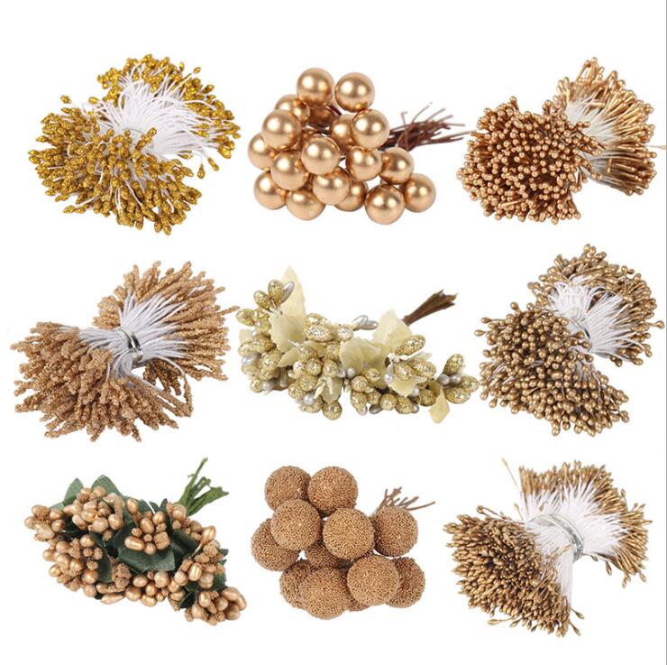 8/10/12/90/144 stücke Handwerk Blumen Materialien Diy Kasten Kranz Sammelalbum Staubblatt Beere Obst Bündel Gold Künstliche Pflanzen