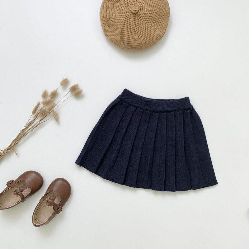 2022 Spring Kid Girl Skirts Covering Yarn Dark Blue Apricot A-line Mini Pleated Skirt Student Style Children Clothes E216