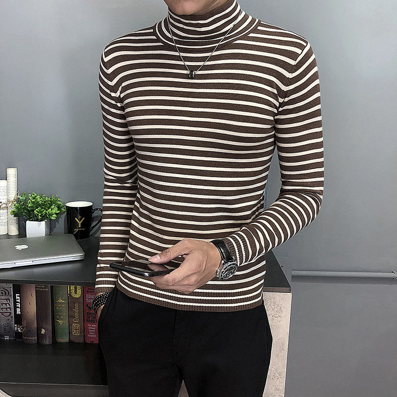Vinter høyhalset genser genser herre slank varm uformelt stripete genser herre strikkegensere i britisk stil herreklær m -2xl: Brun / Xxl