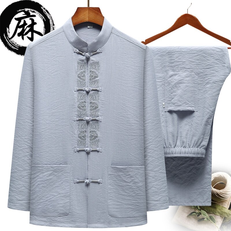 Katoenen linnen tweezijdige traditionele chinese outfit tang-pak met lange mouwen hanfu-top kungfu-jas + broek uniform voor mannen: Kleur 3 / Xxl