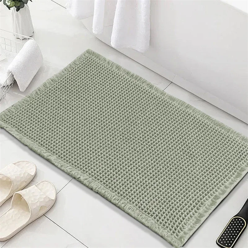 Waffle Non-Slip Bath Mat Bathroom Super Absorbent Carpet Non-Slip Shower Rugs with Tassels Bathtub Beside Rug Entrance Doormat