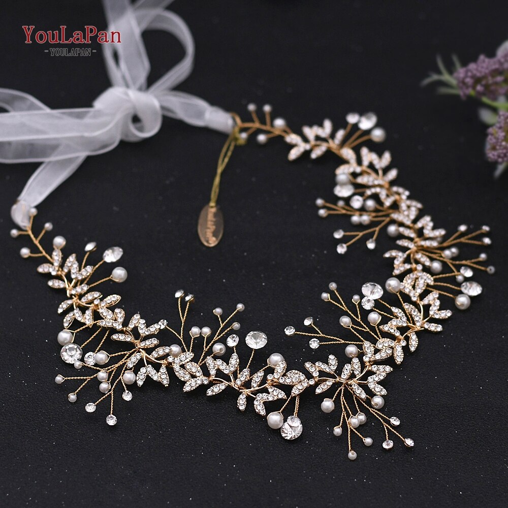 YouLaPan HP233 Wedding Rhinestone Headpieces Bride Hair Accessories Alloy Leaf Wedding Hair Vines Headband Wedding Hair Pieces: G-white organza