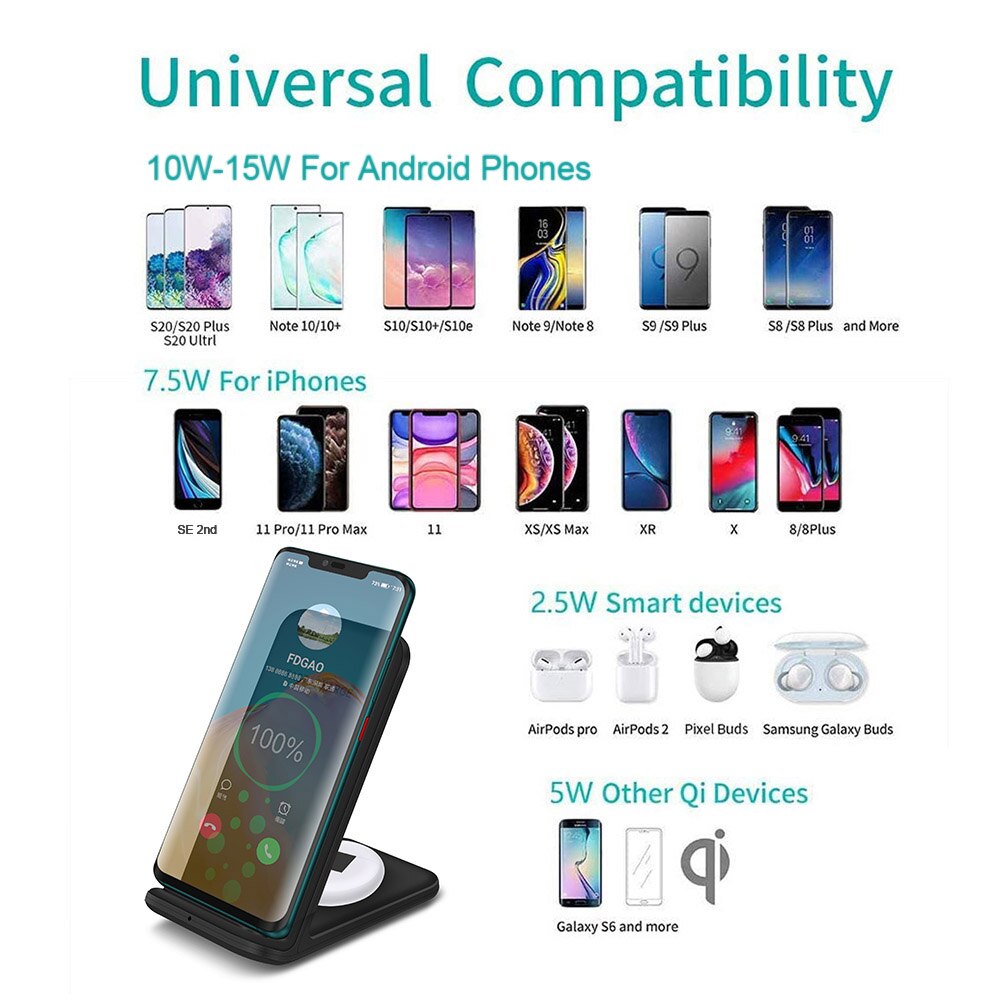 15W 2 In 1 Fast Wireless Charger Stand For Samsung S20 S10 Buds Qi Charging Dock Station for AirPods Pro For iPhone 11 XS XR X 8