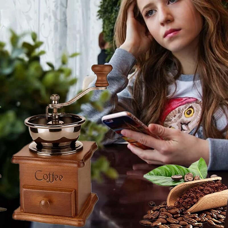 Manual Coffee Grinder Vintage Antique Style Wooden Coffee Grinder Classic Hand-Cranked Coffee Grinder
