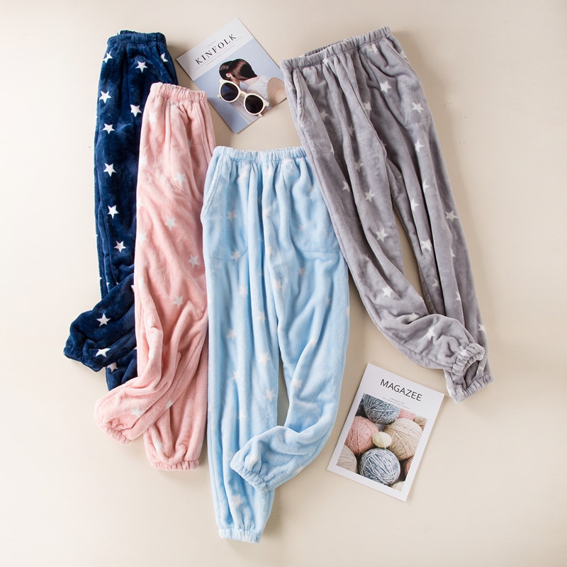 Fdfklak vinter flanell pyjamasbyxor kvinnor underdelar byxor lounge wear tjocka varma byxor kvinnor sovunderdel  q1413
