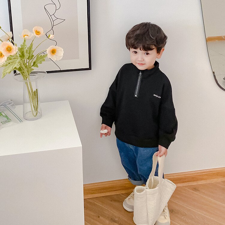 Koreansk stil pojkar stå krage sweatshirts lös långärmad huvtröja: Svart / 3t