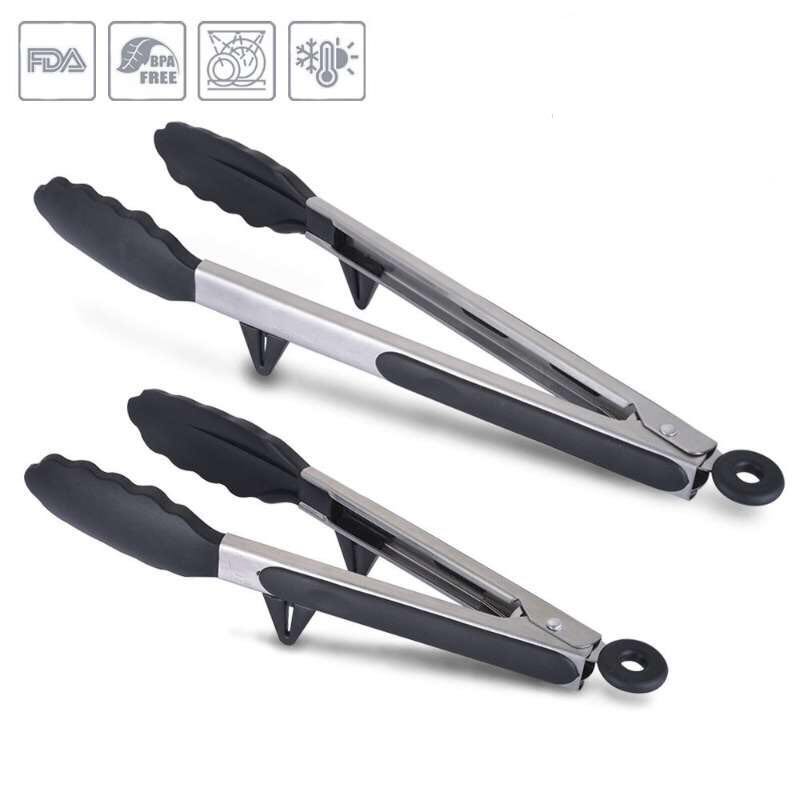 9 inch Kitchen Premium Silicone Tongs Non-slip & Easy Grip Stainless Steel Handle - Smart Locking Clip - Heat Resistant,