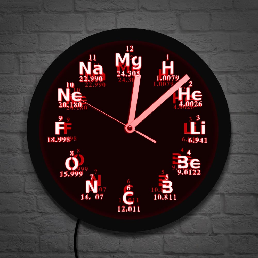 Reloj de pared con elementos químicos, con moderno reloj de pared, iluminación LED de ciencia, para estudiantes de ciencia y química