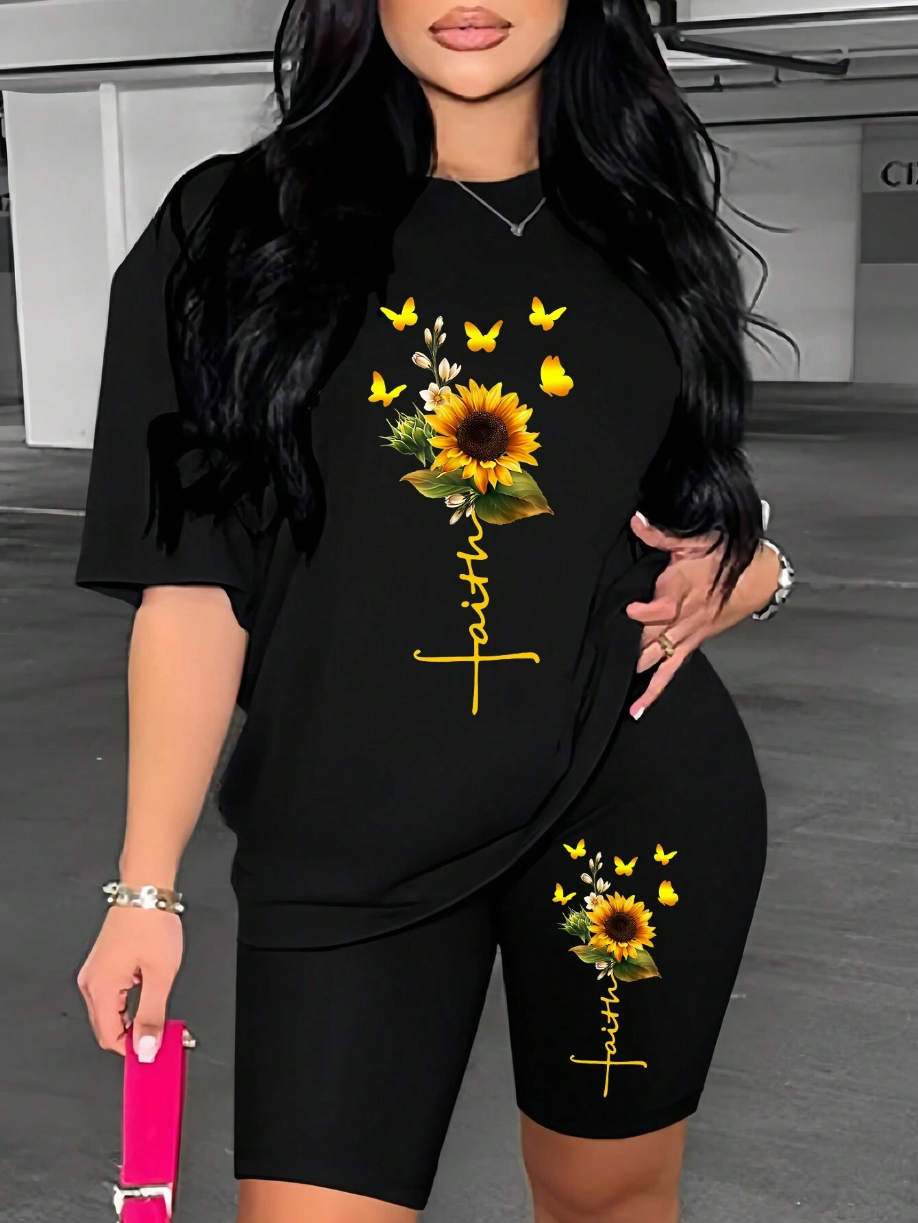 Sonnenblumen Schmetterling SchöNe Druck Frauen T Hemden Zwei Stück einstellen Kurze setzt Atmungsaktivem Hemd kurze Hose Neue: L / Schwarz