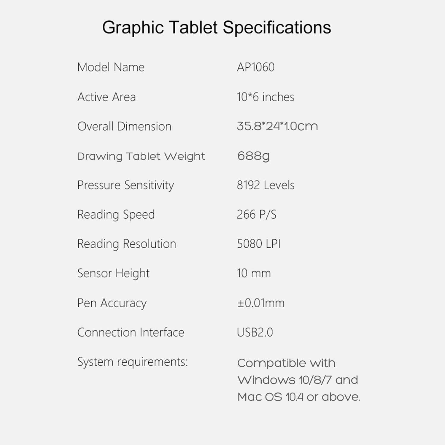 Acepen AP1060 10*6 Inch Digital Graphics Drawing Tablet Pad Board Kit with Battery-free Stylus 8192 Levels Pressure