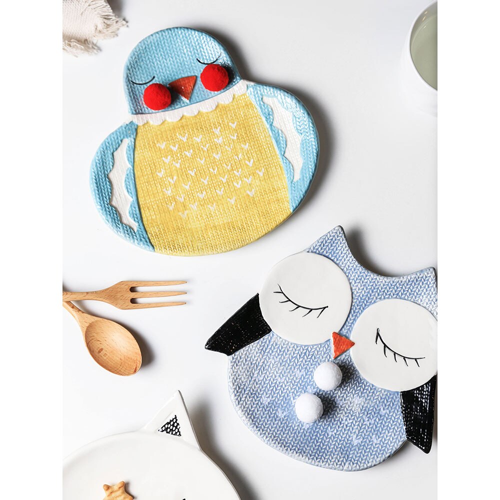 children dinner plates cute zoo cartoon eco-friendly handpainted 6 inch ceramic porcelain plate and dish owl fox cat child