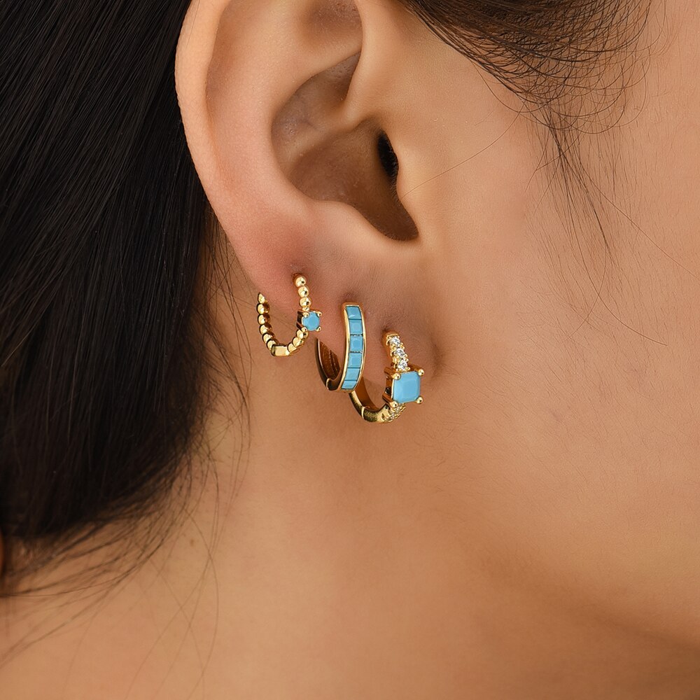 Conjunto de pendientes de aro pequeños de color turquesa para mujer, aretes redondos geométricos de circonia cúbica, cuentas verdes, joyería Huggie Brincos 2022, 3 pares: 3pair Style1