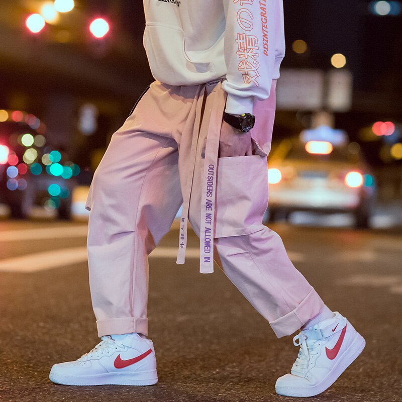 2021 nowa, w stylu Streetwear Hip Hop Cargo spodnie mężczyźni i kobiety wstążka wyszywane litery japońskie spodnie do biegania Casual Harem Pants Pink