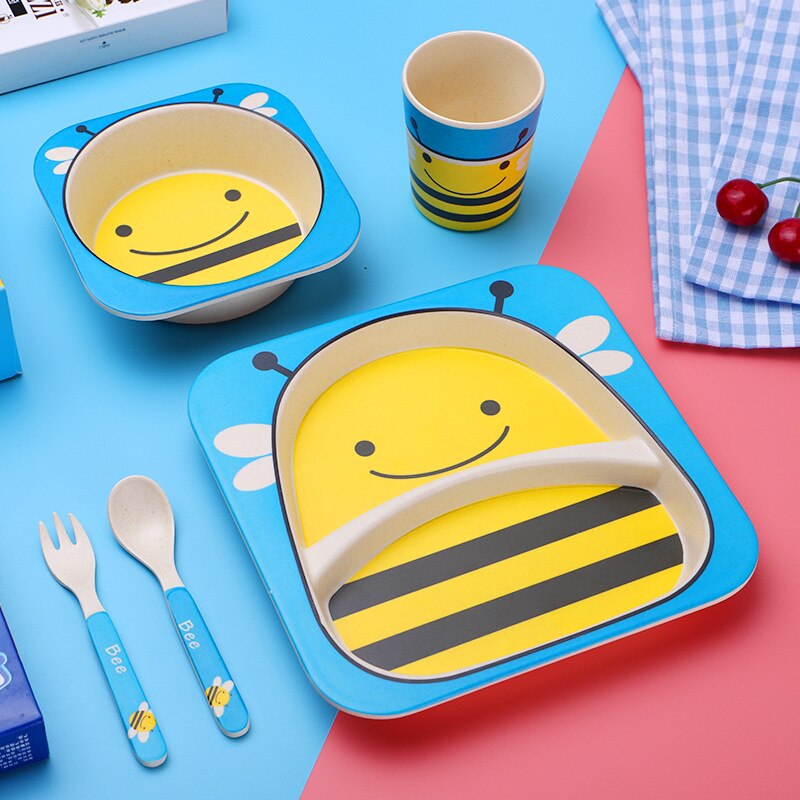 Imebaby5 pièce ensemble bambou vaisselle bambou bol bébé alimentation plaque créative dessin animé enfants bol/tasse/fourchette cuillère coffret: Bee